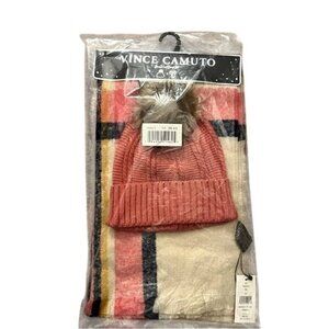Vince Camuto Beanie & Scarf Set O/S Pink Plaid Pattern Knit Acrylic Winter NWT